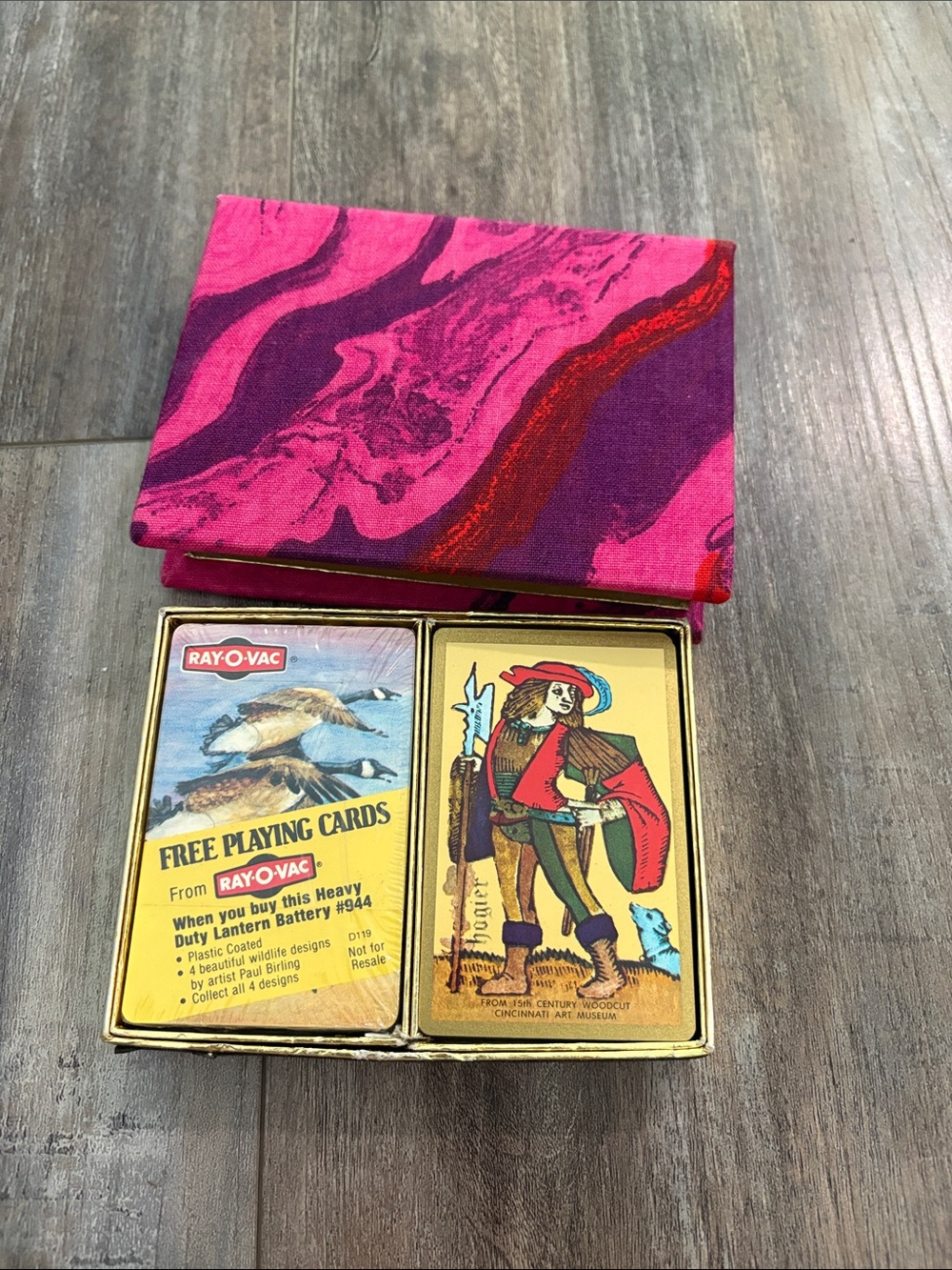 Vintage playing card deck in marble fabric box